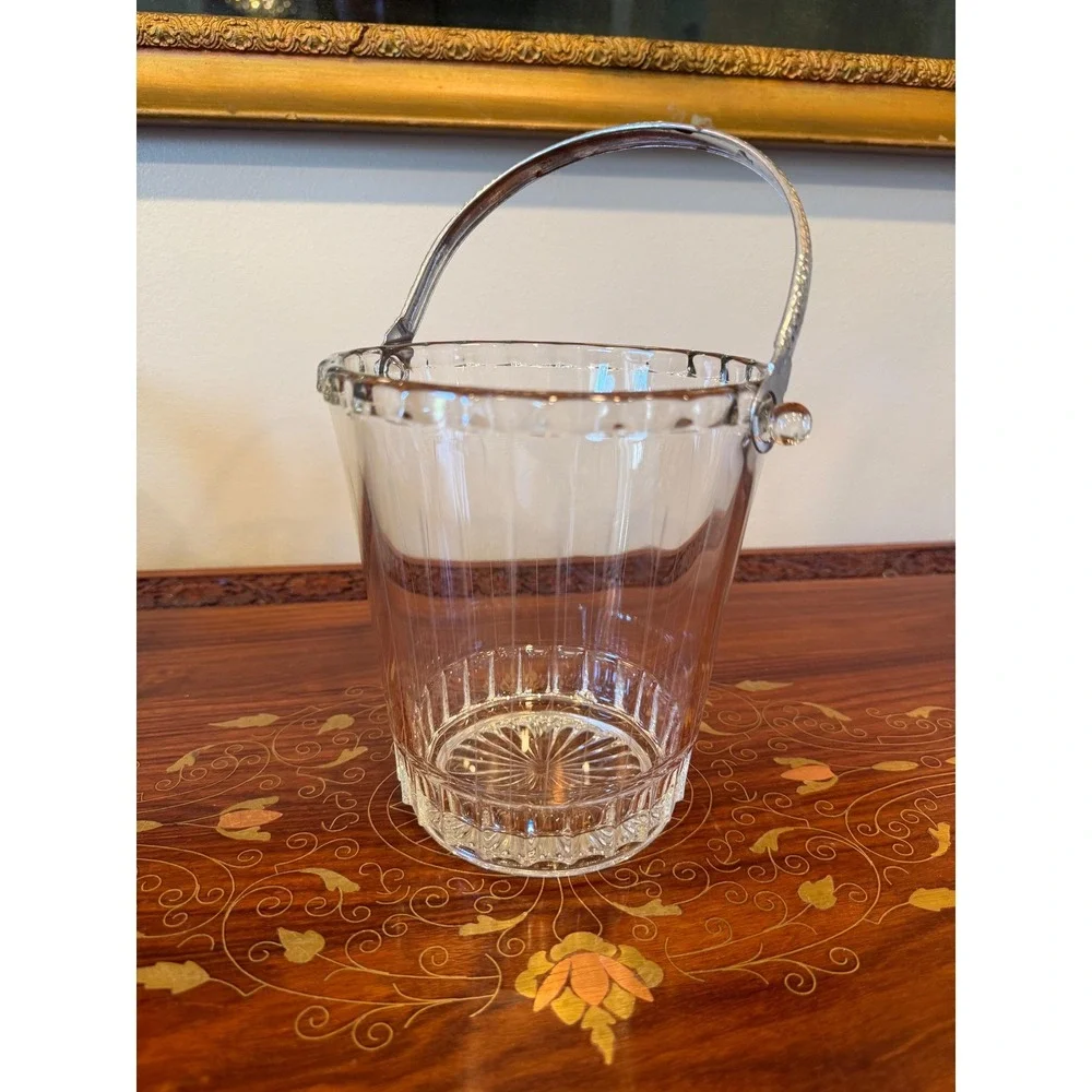 Vintage Glass Ice Bucket with Metal Handle Mid Century Barware‎